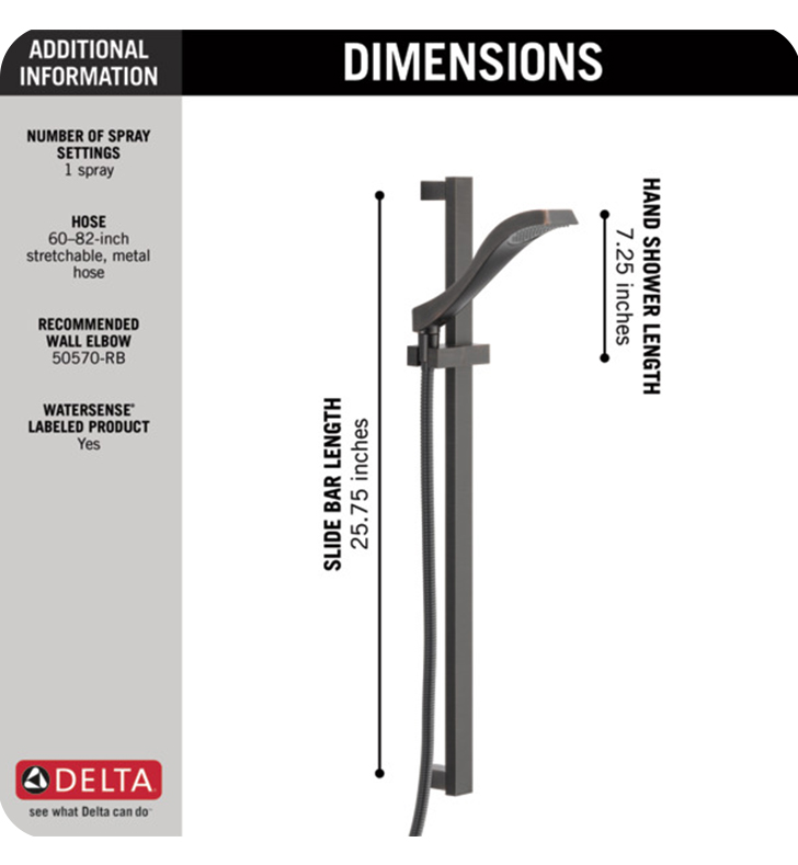 Delta 57051-SS Dryden 1.75 GPM Premium Single Function Wall Mount Hand  Shower and Slidebar With Finish: Stainless Steel