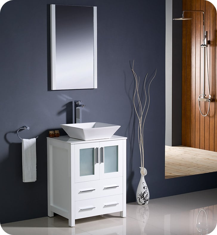Fresca Fvn6224wh Vsl Torino 24 Modern, Mirrored Bathroom Vanity With Vessel Sink