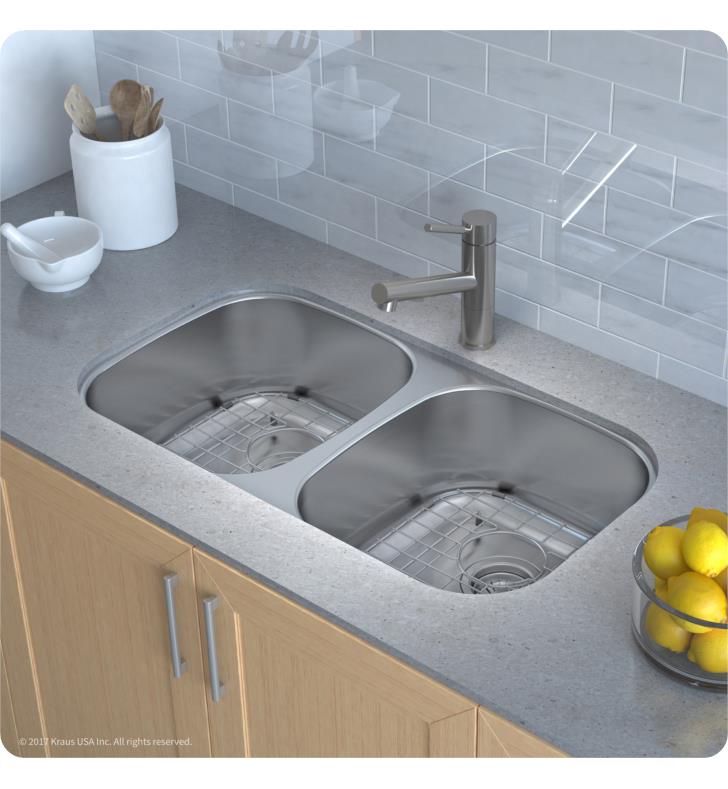 Kraus KBU32 Double Bowl Kitchen Sink with NoiseDefend™, Wear-Resistant  Finish, Low Divider and T304 Stainless Steel