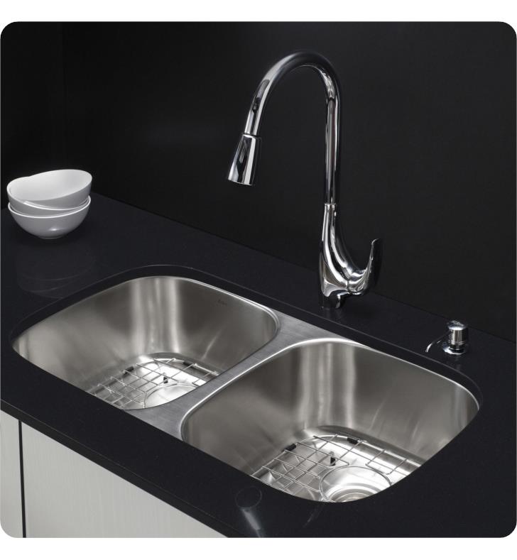 Kraus KBU32 Double Bowl Kitchen Sink with NoiseDefend™, Wear-Resistant  Finish, Low Divider and T304 Stainless Steel