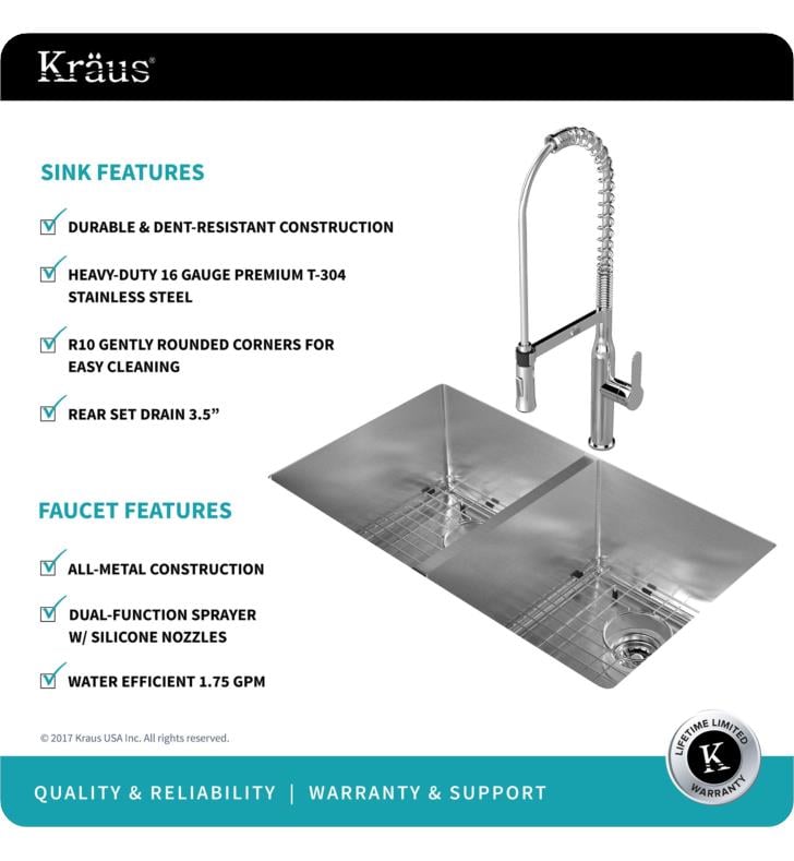 KRAUS 33 Inch Undermount Double Bowl Stainless Steel Kitchen Sink with  Kitchen Bar Faucet and Soap Dispenser - Bed Bath & Beyond - 4389944