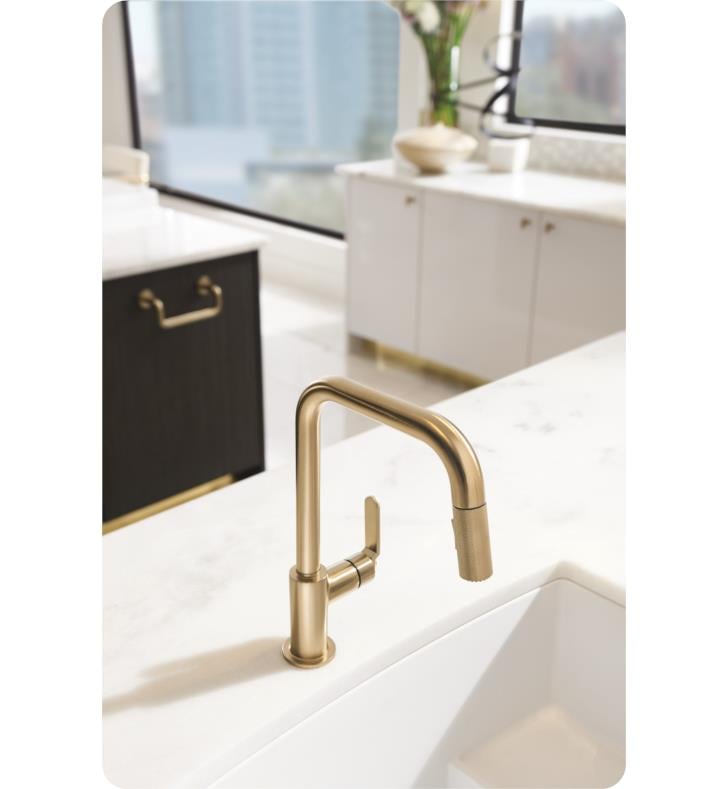 LITZE SmartTouch Pull-Down Kitchen Faucet with Square Spout and Industrial  Handle, Matte Black / Luxe Gold